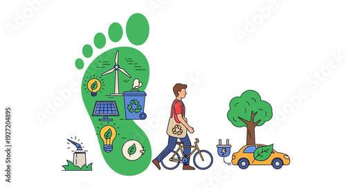 Person walking with bicycle alongside eco-friendly car and green footprint with environmental symbols