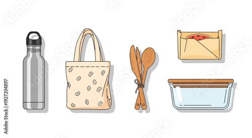 Assorted kitchen and picnic items including bottle, bag, utensils, envelope, and container arranged neatly on a surface