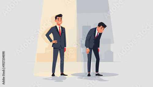 Vector illustration of two businessmen representing optimism and pessimism; one successful man standing confident in a spotlight while the other looks sad and defeated in shadow, career concept.