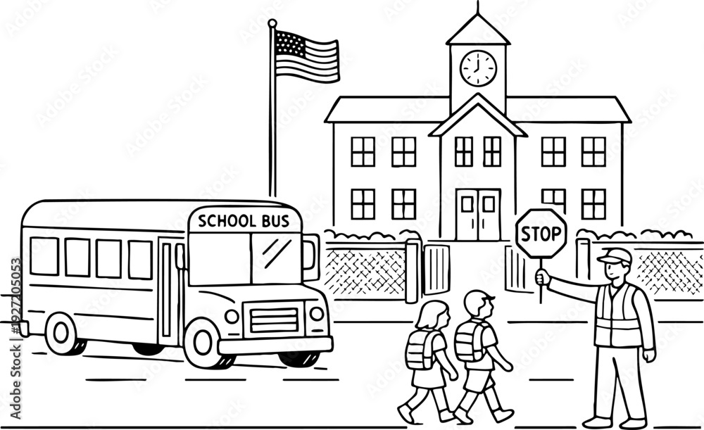 Naklejka premium Black and white line art illustration showing a crossing guard helping two children cross the street in front of a school building and a school bus, emphasizing school safety.