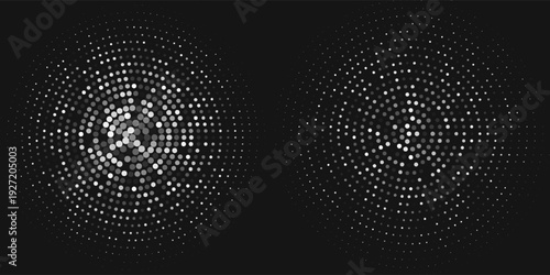 Halftone vector abstract background of circular dots. Texture of particles. Random maze, puzzle. Chaotic ornament. Circular pattern of point.