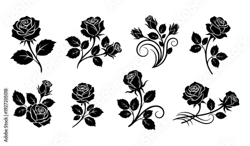 Decorative Black Rose Silhouette Set Flat Floral Vector Elements for Logo and Tattoo Design