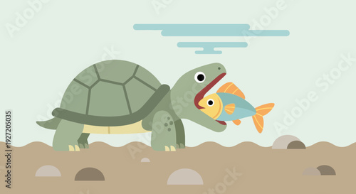 Vector illustration of a green turtle catching a blue and orange fish in its mouth set against a serene sandy backdrop with stylized clouds flat design
