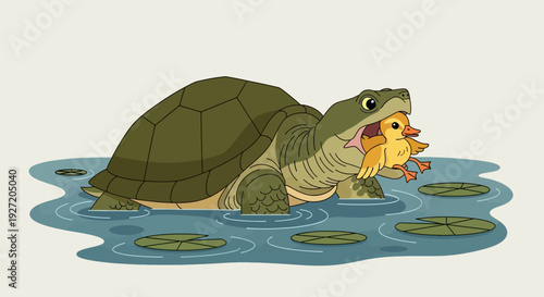 Vector illustration of a cartoon turtle eating a duckling in a pond with lily pads rendered in a flat illustrative style suitable for design use