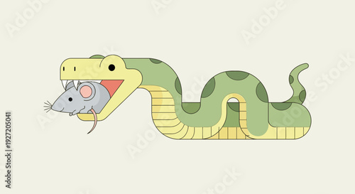 Green snake devouring grey mouse in its mouth vector illustration in flat design style; cartoon snake eating mouse for children's book