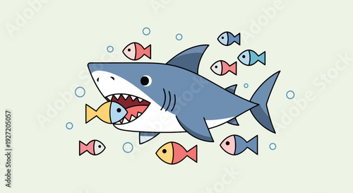 Cartoon shark eating fish in sea with bubbles vector illustration in flat design style isolated on light background for kids book