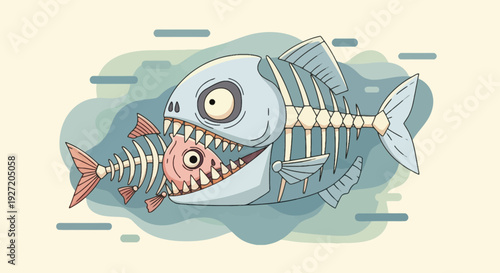 Cartoon Illustration of a Piranha Skeleton Eating a Smaller Fish Skeleton in a Flat Vector Style with Teal Accents
