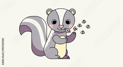 Cute cartoon skunk with flowers surrounded by bees in a flat vector illustration; adorable animal character with a playful expression