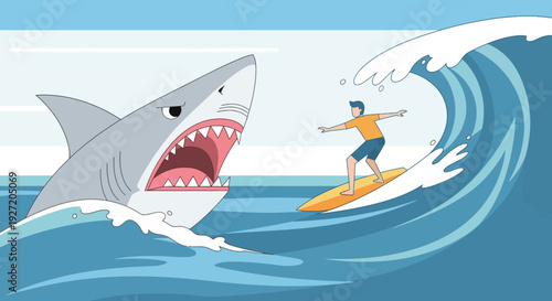 Illustration of surfer riding wave escaping great white shark attack with open mouth showing teeth in flat vector style design