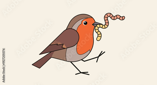Vector illustration of a robin redbreast bird carrying an earthworm in its beak on beige background in flat style