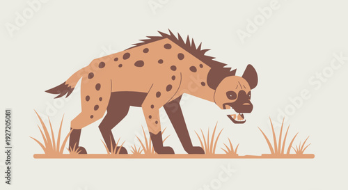 Vector illustration of a spotted hyena walking through tall grass with its mouth open in a threatening manner set against a beige background