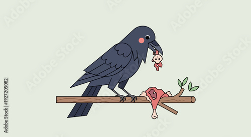 Illustration of a dark gray crow perched on a branch holding a doll and meat pieces flat vector design bird scavenging on a limb