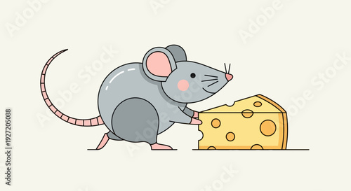 Cartoon gray mouse carrying a slice of Swiss cheese vector flat design cute rodent with pink ears and nose for kids illustration animal character
