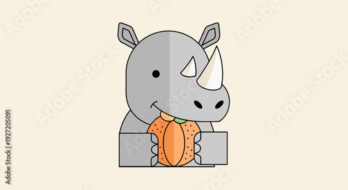 Cartoon rhino holding and eating an orange fruit vector flat illustration on a cream background for kids book or design asset
