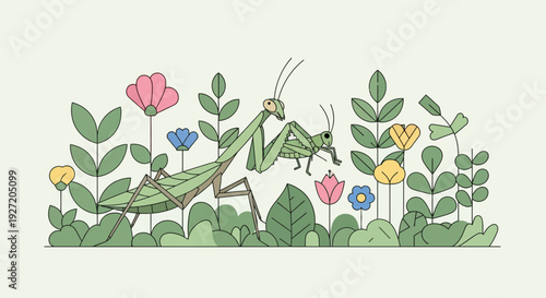 Praying mantis and grasshopper in a garden vector illustration; flat cartoon style; colorful floral scene; insect; botanical illustration; wildlife nature