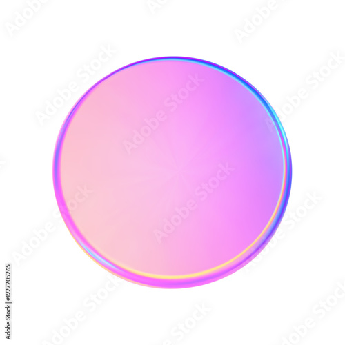 3d glass round badge shape hologram gradation effect. Abstract neon coin gradient liquid texture. Purple blue podium, disc, badge, coin, lens, plate crystal. Y2k hologram shape. Vector illustration