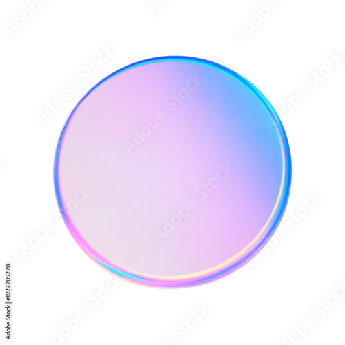 3d glass round badge shape hologram gradation effect. Abstract neon coin gradient liquid texture. Purple blue podium, disc, badge, coin, lens, plate crystal. Y2k hologram shape. Vector illustration
