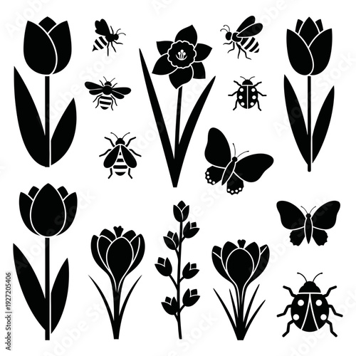 set of flowers and butterflies