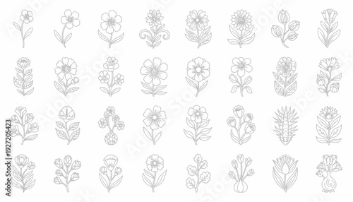 Botanical Vector Illustration Grid | Black and White Floral Sketches | Decorative Plant Line Art | Stylized Flower Designs | Educational Vector Artwork for Botanical Studies