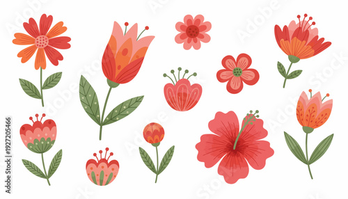 Stylized Floral Vector Illustration | Colorful Red Pink Orange Flowers | Botanical Decorative Artwork | Whimsical Nature Design | Creative Vector Pattern for Graphic Projects