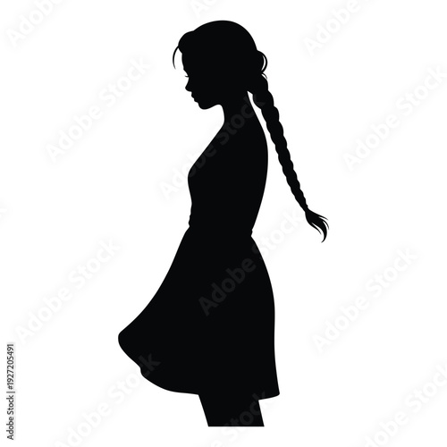 Silhouette of Girl with Long Braid Looking Down – Elegant Female Profile in Dress, Graceful Young Woman Vector Illustration, Feminine Beauty, Calm and Thoughtful Lady Silhouette Design