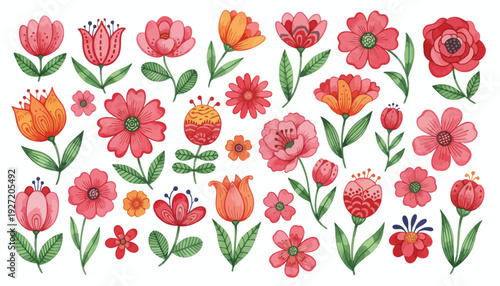 Stylized Floral Vector Illustration | Colorful Red Pink Orange Flowers | Botanical Decorative Artwork | Whimsical Nature Design | Creative Vector Pattern for Graphic Projects