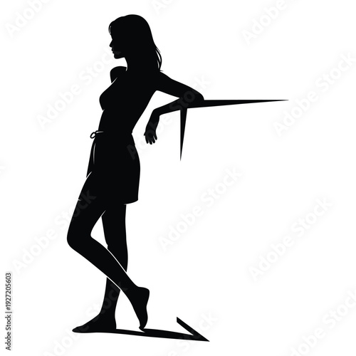 Relaxed Woman Silhouette Leaning Against Wall – Stylish Female Figure in Casual Pose, Elegant Black and White Vector Illustration of Modern Young Woman Isolated on White Background