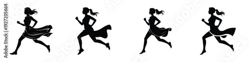 Silhouette of Woman Running in Dress – Elegant Female Runner Motion Sequence, Active Lifestyle, Fitness and Freedom Concept, Stylish Black Silhouette Illustration on White Background
