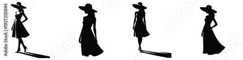 Elegant Woman Silhouettes in Dress and Hat – Graceful Female Fashion Figures Walking, Stylish Lady Models in Flowing Outfits, Black Vector Illustration of Feminine Beauty and Chic Summer Style