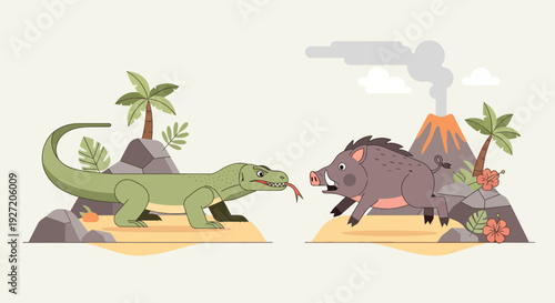 Komodo dragon hunting wild boar near volcano in flat vector style illustration; Wildlife predator and prey; Island fauna and flora