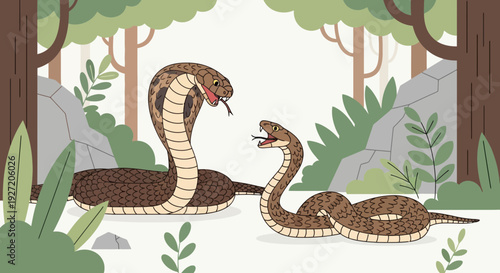 Two brown snakes with raised heads in a forest clearing vector illustration cartoon style wildlife scene for kids content educational use natural world