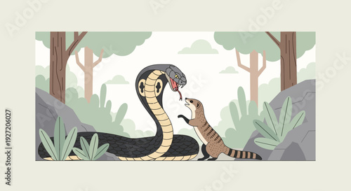Cobra snake attacking mongoose in jungle vector illustration with flat style; cartoon wildlife scene of predator versus prey