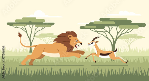Lion hunting gazelle on the African savannah vector flat illustration; wildlife chase in safari scene with acacia trees and clear sky