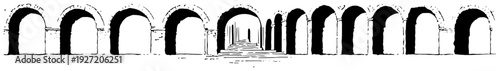 Classical roman archway architecture illustration in hand drawn woodcut style
