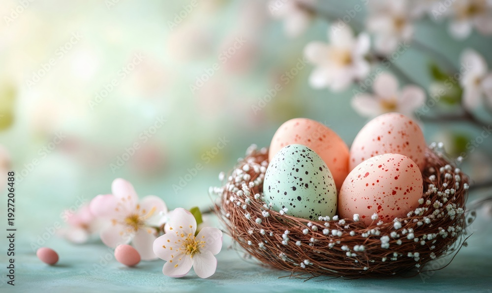 Fototapeta premium Speckled pastel easter eggs resting in a delicate nest adorned with delicate gypsophila, surrounded by blossoming spring flowers