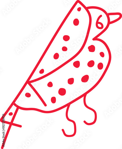 A red line drawing of a bird with red spots on its body and wings