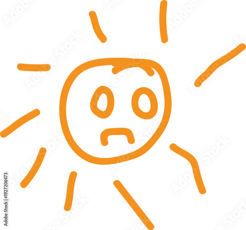 A simple drawing of a sad sun with a frowning face and rays