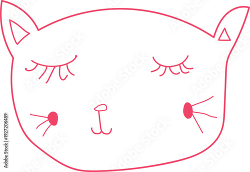 A cute pink cat face with closed eyes and rosy cheeks drawing