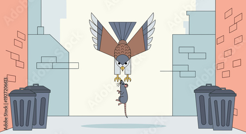 Graphic vector of a hawk catching a rat in an urban alley minimalist illustration with flat design and muted colors perfect for commercial use