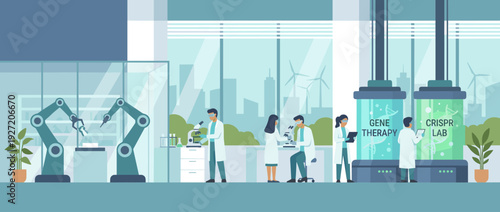 Flat Vector Illustration of a Modern Gene Therapy Laboratory with Scientists Working on CRISPR Research, Robotic Arms, DNA Sequencing Tanks, and Advanced Medical Technology in a Biotech Lab.