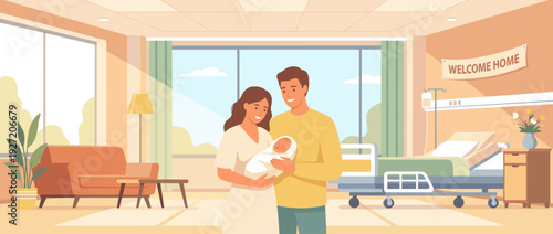 Flat Vector Illustration of a Happy Young Couple Holding Their Newborn Baby in a Modern Maternity Ward Hospital Room with a Welcome Home Banner, Warm and Gentle Atmosphere for New Parents