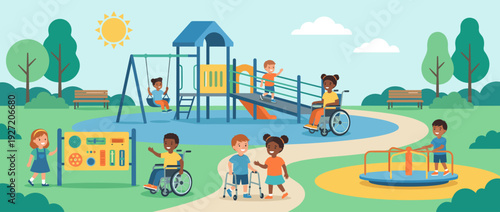 Inclusive playground vector illustration featuring diverse children with disabilities playing together. Includes wheelchair-accessible ramps, sensory panels, walkers, and adaptive equipment.