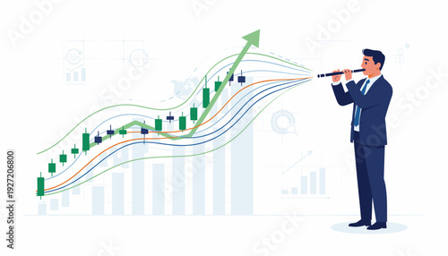 Businessman in suit playing flute to control stock market graph and financial growth, concept of investment management, market manipulation, professional trader leading economic success and profit.