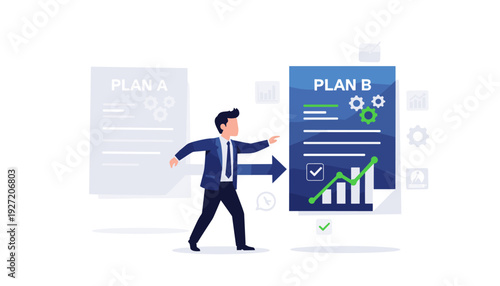 Businessman Transitioning from Plan A to Plan B Vector Illustration. Concept of Backup Plan, Contingency Strategy, Alternative Solution for Business Success, and Strategic Decision Making.