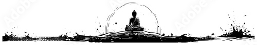 Silhouette of meditating Buddha on a small hill surrounded by splashing water in ink style