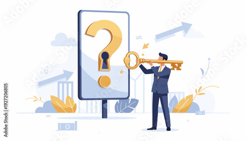 Businessman Holding Large Golden Key to Unlock Question Mark Keyhole, Concept of Problem Solving, Finding Answers, Business Strategy, Overcoming Obstacles and Success, Flat Vector Illustration