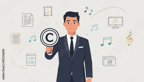 Professional Businessman Holding Copyright Symbol Stamp to Protect Intellectual Property and Creative Works Like Music, Documents, and Digital Content, Concept of Legal Rights and Artist Law