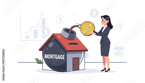 Mortgage Debt and Financial Risk Concept Illustration with a Businesswoman Putting a Dollar Coin into a House Shaped Bomb, Representing Home Loan Pressure, Real Estate Crisis, and Economic Burden