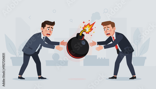 Businessmen in suits pushing a lit bomb back and forth, conceptualizing shirking responsibility, passing the buck, office conflict, crisis management, and avoiding difficult workplace problems.