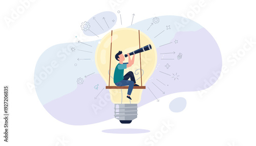 Search and Brainstorm Concept for Creativity and Imagination to Create Inspiration for New Ideas. Man with Telescope Sitting in Light Bulb Looking for Vision, Innovation, and Business Strategy.